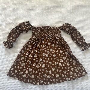 Brown Floral Smocked Off-Shoulder Dress